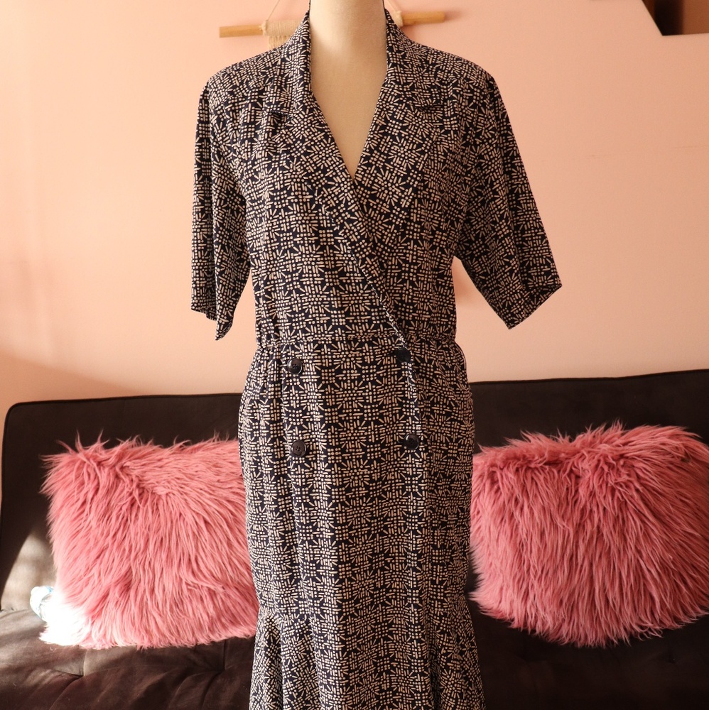 Liz claiborne Vintage White Blue Printed Midi dres